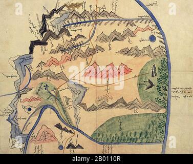 Mongolia: Map of the Jutgelt Gun's hoshuu (banner) of the Altai Urianhai in western Mongolia (1912-1914).   Material is Chinese paper, original size is 36x45 cm. Stock Photo