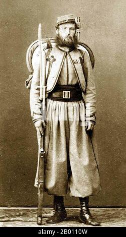 Italy: Vatican Zouave of Major O'Reilly's Papal Brigade, and a veteran of the battles against Garibaldi. Fully armed and equipped with a .71 cal. Model 1842 French Rifle with sword bayonet, and backpack. Photo by Fratelli D'Allesandri (19th century), c. 1865.  Zouave was the title given to certain light infantry regiments in the French Army, normally serving in French North Africa between 1831 and 1962. The name was also adopted during the 19th century by units in other armies, especially volunteer regiments raised for service in the American Civil War. Stock Photo