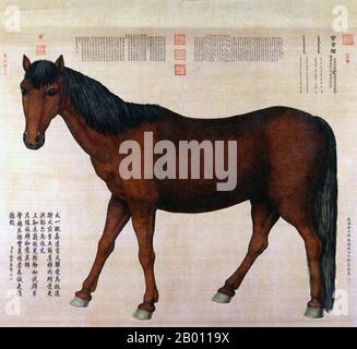 China: 'Precious and Auspicious' horse Baoji presented to the Qianlong Emperor by the Torghut Mongols. Handscroll painting by Ignaz Sichelbarth/Ai Qimeng (1708-1780), 1773.  The Qianlong Emperor (25 September 1711 – 7 February 1799) was the fifth emperor of the Manchu-led Qing Dynasty, and the fourth Qing emperor to rule over China proper. The fourth son of the Yongzheng Emperor, he reigned officially from 11 October 1736 to 7 February 1795.  On 8 February, he abdicated in favor of his son, the Jiaqing Emperor - a filial act in order not to rule longer than his grandfather, the Kangxi Emperor. Stock Photo