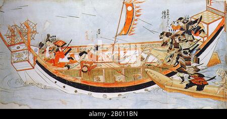 Japan: Mongols and Japanese engaged in naval warfare. Painting from the illustrated handscroll 'Moko Shurai Ekotoba' ('Illustated Account of the Mongol Invasion'), this copy by Fukuda Taika (fl. 19th century), 1846.  The Mongol invasions of Japan of 1274 and 1281 were major military invasions undertaken by Kublai Khan to conquer the Japanese islands after the submission of Korea. Despite their ultimate failure, the invasion attempts are of historical importance, because they set a limit on Mongol expansion, and rank as nation-defining events in Japanese history. Stock Photo