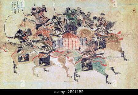 Japan: Mongols and Japanese engaged in warfare; scene showing mounted samurai attack. Painting from the illustrated handscroll 'Moko Shurai Ekotoba' ('Illustated Account of the Mongol Invasion'), c. 1293.  The Mongol invasions of Japan of 1274 and 1281 were major military invasions undertaken by Kublai Khan to conquer the Japanese islands after the submission of Korea. Despite their ultimate failure, the invasion attempts are of historical importance, because they set a limit on Mongol expansion, and rank as nation-defining events in Japanese history. Stock Photo