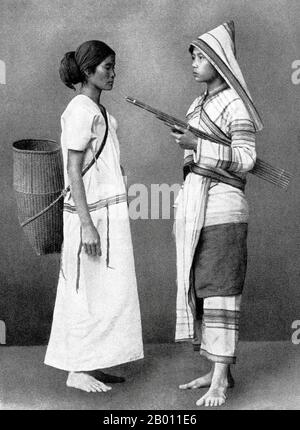Thailand: Two Karen women of northern Thailand in traditional dress, c. 1900.  The Karen are a major ethnic group of Burma, though several hundred thousand live in northern Thailand. Linguistically Tibeto-Burman, the Karen maintain a legend that dates them back to the Gobi Desert of Mongolia. There are several branches of Karen—the Red Karen (Karenni), Sgaw Karen and Pwo Karen. There is also the hilltribe of Padaung, better known as 'Long-neck Karen'. In present-day Myanmar, the Karen rebel army, the KNU, has continuously fought a bloody civil war with the central Burman government since 1948. Stock Photo