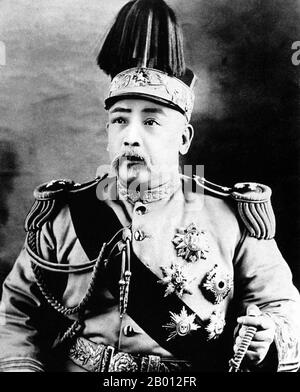 China: Yuan Shikai (Yuan Shih-k'ai, 1859–1916), First President of the Republic of China (1912-1915), 'Emperor of China' (1915-1916), 1915.  Yuan Shikai (Yuan Shih-k'ai, 16 September 1859–6 June 1916) was an important Chinese general and politician famous for his influence during the late Qing Dynasty, his role in the events leading up to the abdication of the last Qing Emperor of China, his autocratic rule as the first President of the Republic of China, and his short-lived attempt to revive the Chinese monarchy, with himself as the 'Great Emperor of China'. Stock Photo