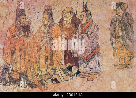 China: Qianling Tombs, Shaanxi; Foreign ambassadors at the Tang court. The two at the right are from Korea, the balding, long-nosed figure in the centre is a westerner. Mural from Li Xian's tomb.  The Qianling Mausoleum is a Tang Dynasty (618–907) tomb site located in Qian County, Shaanxi province, China, and is 85 km (53 miles) northwest of Xi'an, the former Tang capital.  Built by 684 (with additional construction until 706), the tombs of the mausoleum complex house the remains of various members of the royal Li family. This includes Emperor Gaozong of Tang (r. 649–683). Stock Photo