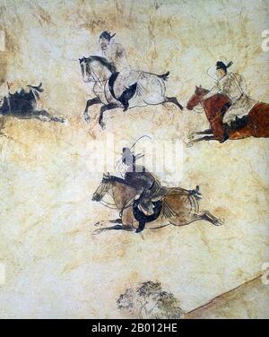China: Qianling Tombs, Shaanxi; A game of Polo represented in a Tang Dynasty mural.  The Qianling Mausoleum is a Tang Dynasty (618–907) tomb site located in Qian County, Shaanxi province, China, and is 85 km (53 miles) northwest of Xi'an, the former Tang capital.  Built by 684 (with additional construction until 706), the tombs of the mausoleum complex house the remains of various members of the royal Li family. This includes Emperor Gaozong of Tang (r. 649–683), as well as his wife, the Zhou Dynasty usurper and China's first (and only) governing empress Wu Zetian (r. 690–705). Stock Photo