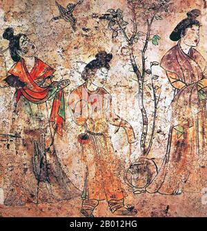 China: Qianling Tombs, Shaanxi; Court ladies walking in the palace gardens while a bird flies by. Tang Dynasty mural from the tomb of Gaozong's 6th son, Li Xian.  The Qianling Mausoleum is a Tang Dynasty (618–907) tomb site located in Qian County, Shaanxi province, China, and is 85 km (53 miles) northwest of Xi'an, the former Tang capital.  Built by 684 (with additional construction until 706), the tombs of the mausoleum complex house the remains of various members of the royal Li family. This includes Emperor Gaozong of Tang (r. 649–683), as well as his wife, Empress Wu Zetian (r. 690-705). Stock Photo