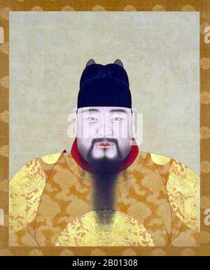 China: Emperor Chenghua (9 December 1447 - 9 September 1487), 9th ruler of the Ming Dynasty (r. 1464-1487). Hanging scroll painting, 15th-17th century.  The Chenghua Emperor (1447-1487), personal name Zhu Jianshen and temple name Xianzong, was the 9th Emperor of the Ming Dynasty. His era name means 'Accomplished Change'. Chenghua ascended the throne at the age of 16. During the early part of his administration, Chenghua carried out new government policies to reduce tax and strengthen the dynasty. Stock Photo