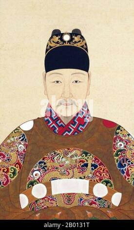 China: Emperor Taichang (28 August 1582 - 26 September 1620), 15th ruler of the Ming Dynasty (r. 1620). Hanging scroll painting, 17th century.  The Taichang Emperor (1582-1620), personal name Zhu Changluo and temple name Guangzong, was the 15th Emperor of the Ming Dynasty. His era name means 'Great Goodness' or 'Great Prosperity'. He was the eldest son of the Wanli Emperor and succeeded his father as emperor in 1620. However his reign came to an abrupt end less than one month after his coronation when he was found dead one morning in the palace following a bout of diarrhea. Stock Photo