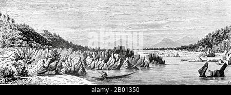 Laos: A rocky riverbank on the Mekong River in southern Laos ...