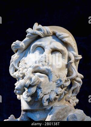 Italy: Head of Odysseus from a Greek marble group representing Odysseus blinding Polyphemus. Found at the villa of Tiberius at Sperlonga, Italy, c. 1st century CE.  Odysseus (Latin: Ulysses) was a legendary Greek king of Ithaca and the hero of Homer's epic poem the 'Odyssey'. Odysseus also plays a key role in Homer's 'Iliad' and other works in the Epic Cycle. He was renowned for his intellectual brilliance, guile, and versatility, and was thus known by the epithet Odysseus the Cunning. He was most famous for his nostos, or 'homecoming', which took him ten years after the decade-long Trojan War Stock Photo