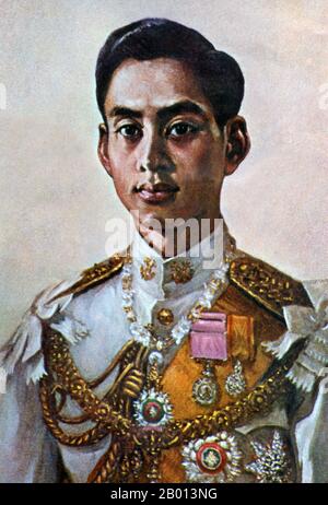 Thailand: King Rama VIII, Ananda Mahidol (20 September 1925 – 9 June 1946), 8th monarch of the Chakri Dynasty. Oil on canvas painting, 20th century.  Ananda Mahidol, also known as Rama VIII, was the eighth monarch of Thailand under the House of Chakri. He was recognized as king by the National Assembly in March 1935; he was a nine-year-old boy living in Switzerland at the time. He returned to Thailand in December 1945. He was found shot to death in his bed in June 1946. Medical examiners ruled it a murder and three servants were executed. His killing has been the subject of much controversy. Stock Photo