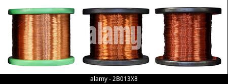 Three copper wire coils, viewed from the side isolated on white background Stock Photo