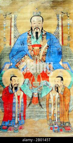 China: Yuqing, 'The Jade Purity', first of the Three Pure Ones (Sanqing) in Daoism. Hanging scroll painting, 19th century.  Yuanshi Tianzun or Yuqing ('Jade Pure One'), 'The Celestial Venerable of the Primordial Beginning' or the 'Primeval Lord of Heaven', is one of the most important deities in Taoism. He created Heaven and Earth, and resides in the Heaven of Jade Purity.  According to Daoist beliefs the entire manifested universe is ruled by three original forces: the Three Pure Ones (Sanqing). The Three Pure Ones were brought into existence through the interaction of yin and yang. Stock Photo