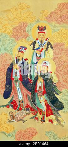 China: Sanguan Dadi, the Three Great Officials of Daoism. Hanging scroll painting, c. 20th century.  The Three Great Officials of Daoism are Tianguan, the Heavenly Official who confers blessings; Diguan, the Earthly Official who absolves sins; and Shuiguan, the Water Official who eliminates misfortunes. They are three of the highest sky gods in Daoism, subordinate only to the Jade Emperor.  On the 15th of the first month, the 15th of the seventh month and the 15th of the tenth month, the birthdays of the Three Officials, Daoists go to temples and burn incense to offer sacrifices. Stock Photo