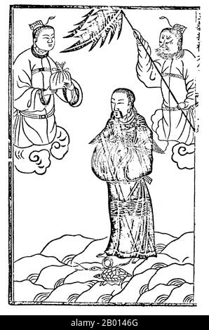 China: Xuantian Shangdi, Daoist God of Northern Heaven (Zhen Wu). Woodblock illustration, c. 18th-19th century.  Heidi or Heishen, also known as Beidi or Beiyuedadi, was the Black Deity/Emperor and one of the fivefold manifestations ('Wufang Shangdi') of the supreme God of Heaven, Tian. When he was mortal, he was known as Zhuanxu, a mythological emperor, and he is also worshipped these days as Xuanwu or Xuandi ('The Dark Martial'). He is the god of water and winter. He is revered as a powerful god, able to control the elements and capable of great magic. Stock Photo