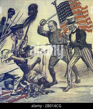 China/USA: A contemporaneous US interpretation of the American intervention in the 'Boxer Rebellion' (1899-1901). Drawing by William Allen Rogers (1854-1931), 1900.  The Boxer Rebellion, also known as Boxer Uprising or Yihetuan Movement, was a proto-nationalist movement by the Righteous Harmony Society in China between 1898 and 1901, opposing foreign imperialism and Christianity.  The uprising took place in response to foreign spheres of influence in China, with grievances ranging from opium traders, political invasion, economic manipulation, to missionary evangelism. Stock Photo
