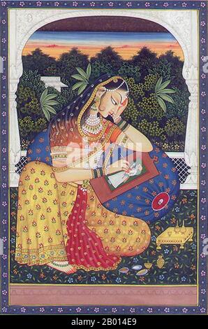 India: Radha depicted in a 19th century painting from Rajasthan.  Radha, also called Radhika, Radharani and Radhikarani, is the childhood friend and lover of Krishna in the Bhagavata Purana, and the Gita Govinda of the Vaishnava traditions of Hinduism. Radha is almost always depicted alongside Krishna and features prominently within the theology of today's Gaudiya Vaishnava sect, which regards Radha as the original Goddess or Shakti. Radha is also the principal object of worship in the Nimbarka Sampradaya. Stock Photo