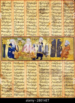 Iran: An illustrated page from Firdausi's Shahnama: 'Mubad i-Mubadan gives food to the captive Vizier Izad i-Gashap', early 14th century.  The first extant copies of Firdausi’s celebrated 11th-century Persian epic, the Book of Kings, were written under the Il-Khanids. This miniature comes from one of the 'small Shah-namas' that are considered by some to be precursors of the period’s more mature masterpiece, the 'great Shah-nama'. Stock Photo