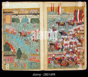 Turkey: ' The reception of Mehmet III in Davudpasha'. Miniature paintings from an illustrated manuscript depicting the 1596 military campaign in Hungary by Ottoman Sultan Mehmed III, c. 1600.  Mehmed III Adli (May 26, 1566 – December 21/22, 1603) was sultan of the Ottoman Empire from 1595-1603. He remains notorious for having nineteen of his brothers and half brothers murdered to secure power. He also killed over twenty of his sisters. They were all strangled by deaf-mutes. Mehmed III was an idle ruler, leaving government to his mother Safiye. Stock Photo