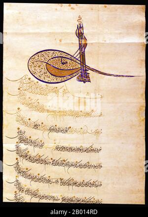 Turkey; An Ottoman firman or decree dated 981 Hijri or 1573 CE with the tughra or seal of Sultan Selim II (r.1566-1574).  The Ottoman imperial decree – firman – consists of the decree itself, frequently written in the chancellery script, Divani, with the signatures of the officials below and the signature of the ruling sultan in the form of an intricate tughra above. Stock Photo