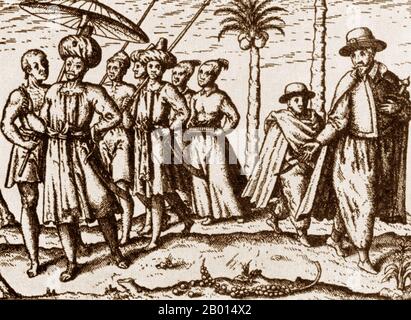 Netherlands/Indonesia: Dutch explorer Cornelis de Houtman (right) meets the ruler of Sumatra in 1599. Engraving, early 17th century.  Cornelis de Houtman (2 April 1565 - 1 September 1599) was a Dutch explorer who discovered a new sea route from Europe to Indonesia which helped start the Dutch spice trade. At the time, the Portuguese Empire held a monopoly on the spice trade, and the voyage was a symbolic victory for the Dutch.  However, the voyage itself was a disaster, beset with mutiny, killings and scurvy. De Houtman managed to insult and alienate almost everyone he met on the way. Stock Photo