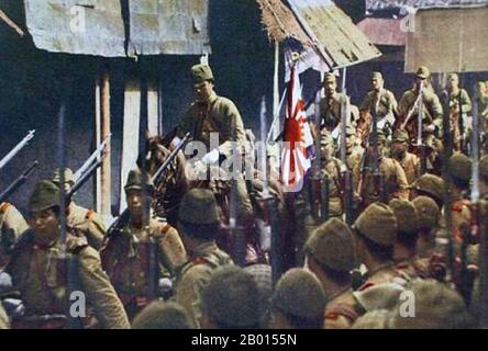 China: Japanese troops marching through an occupied Chinese town. Second Sino-Japanese War (July 7, 1937 – September 9, 1945).  The Second Sino-Japanese War was a military conflict fought primarily between the Republic of China and the Empire of Japan. After the Japanese attack on Pearl Harbor, the war merged into the greater conflict of World War II as a major front of what is broadly known as the Pacific War. Although the two countries had fought intermittently since 1931, total war started in earnest in 1937 and ended only with the surrender of Japan in 1945. Stock Photo