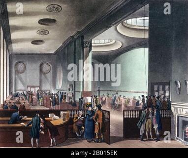 United Kingdom: Lloyd's Subscription Room, Royal Exchange, London. Aquatint drawing by Thomas Rowlandson (1756-1827),  c. 1800.  Edward Lloyd, the founder of Lloyd's Coffee House, died in 1712. Subsequently the coffee house was moved to Pope's Head Alley, where it was called New Lloyd's Coffee House, but on September 14, 1784, it was removed to the northwest corner of the Royal Exchange, where it served as the offices of the underwriters in Lloyds maritime insurance, as well as continuing to serve coffee. Stock Photo