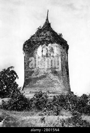 Burma/Myanmar: Bobogi Pagoda, near Prome, lower Burma, c. 1920s.  Legend attributes the first Buddhist doctrine in Burma to 228 BCE when Sohn Uttar Sthavira, one of the royal monks to Emperor Ashoka the Great of India, came to the country with other monks and sacred texts. However, the era of Buddhism truly began in the 11th century after King Anawrahta of Pagan (Bagan) was converted to Theravada Buddhism. Today, 89% of the population of Burma is Theravada Buddhist.  Prome, renamed Pyay, is a town in Pegu (Bago) Division in lower Burma, located on the Irrawaddy (Ayeyarwady) River. Stock Photo