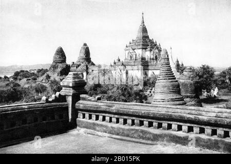 Burma/Myanmar: Gawdawpalin Pagoda in Bagan, Upper Burma, c. 1920s.  Construction of the Gawdawpalin Pagoda began during the reign of King Narapatisithu (1173–1210) and was completed during the reign of Htilominlo (1210-34). Gawdawpalin Temple is the second tallest temple in Bagan and is similar in layout to Thatbyinnyu Temple. Gawdawpalin Temple is two storeys tall, and contains three lower terraces and four upper terraces. The temple was heavily damaged during an earthquake in 1975 and was reconstructed in following years. Stock Photo