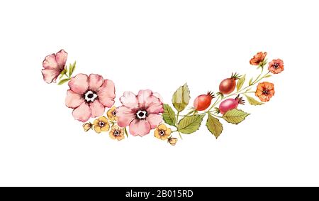 Watercolor floral arch. Rustic flowers wreath with rose hip, briar, leaves isolated on white background. Hand painted natural design in vintage style Stock Photo