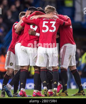 LONDON, ENGLAND - FEBRUARY 17: Anthony Martial of Manchester United celebrate with he’s team mates Fred, Brandon Williams, Nemanja Matic after scoring goal during the Premier League match between Chelsea FC and Manchester United at Stamford Bridge on February 17, 2020 in London, United Kingdom. (Photo by Sebastian Frej/MB Media) Stock Photo