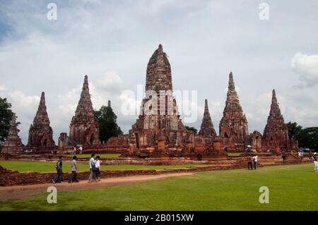 Thailand: Wat Chai Wattanaram, Ayutthaya Historical Park.  Wat Chai Wattanaram (Watthanaram) wad built in the 17th century during the reign of King Prasat Thong (r. 1629-1656), who was the first king of the Prasat Thong Dynasty. It is built very much in the Angkor/Khmer style.  Ayutthaya (Ayudhya) was a Siamese kingdom that existed from 1351 to 1767. Ayutthaya was friendly towards foreign traders, including the Chinese, Vietnamese (Annamese), Indians, Japanese and Persians, and later the Portuguese, Spanish, Dutch and French, permitting them to set up villages outside the city walls. Stock Photo