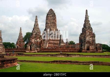 Thailand: Wat Chai Wattanaram, Ayutthaya Historical Park.  Wat Chai Wattanaram (Watthanaram) wad built in the 17th century during the reign of King Prasat Thong (r. 1629-1656), who was the first king of the Prasat Thong Dynasty. It is built very much in the Angkor/Khmer style.  Ayutthaya (Ayudhya) was a Siamese kingdom that existed from 1351 to 1767. Ayutthaya was friendly towards foreign traders, including the Chinese, Vietnamese (Annamese), Indians, Japanese and Persians, and later the Portuguese, Spanish, Dutch and French, permitting them to set up villages outside the city walls. Stock Photo