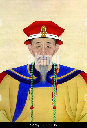 China: Kangxi (4 May 1654 – 20 December 1722), 4th Emperor of the Qing Dynasty. Hanging scroll painting, early 18th century.  Emperor Kangxi, personal name Xuanye and temple name Shengzu, was the fourth ruler of the Qing Dynasty and the second Qing emperor to rule over China proper, from 1661 to 1722.  Kangxi's reign of 61 years makes him the longest-reigning Chinese emperor in history (although his grandson, the Qianlong Emperor, had the longest period of de facto power) and one of the longest-reigning rulers in the world. He was considered one of China's greatest emperors. Stock Photo