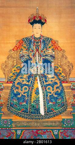 China: Empress Xiao Gong Ren (28 April 1660 - 25 June 1723) fourth consort of the Kangxi Emperor. Hanging scroll painting, 18th century.  Empress Xiaogongren was an Imperial Consort of the Kangxi Emperor and mother of the Yongzheng Emperor. She came from the Uya clan, of the Manchu yellow banner corps. In 1678 Uya gave birth to the Kangxi Emperor's fourth surviving son Yin Zhen, the future Yongzheng Emperor. In 1682 she was granted the title of Imperial Consort De. When her son Yinzhen succeeded to the throne in 1722, she received the title of 'Empress Dowager Renshou'. She passed away in 1723 Stock Photo