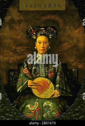 China: Empress Dowager Cixi (29 November 1835 - 15 November 1908). Oil on canvas painting by Hubert Vos (1855-1935), 1905.  Empress Dowager Cixi, personal name Xingzhen, was the concubine of the Xianfeng Emperor. Of the Manchu Yehe Nara Clan, she was a powerful and charismatic figure who became the de facto ruler of the Qing Dynasty for 47 years, from 1861 to 1908. Her son became the Tongzhi Emperor, and she ruled as regent in his stead, alongside Empress Dowager Ci'an. She consolidated her control by installing her nephew as the Guangxu Emperor after her son's death. Her legacy is debated. Stock Photo