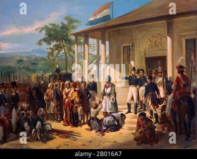 Netherlands / Indonesia: 'The Submission of Prince Dipo Negoro to General De Kock'. Oil on canvas painting by Nicolaas Pieneman (1809-1860), 1835.  The painting depicts the events on March 28, 1830, which brought about the end of the Java War (1825-1830).  The Javanese prince, Dipo Negoro, descends the stairs at the Dutch residence in Magelang after his surrender to General Baron de Kock. Two forlorn figures throw themselves at the prince’s feet. On the ground, in token of the surrender, lie a number of spears belonging to Dipo Negoro's followers. De Kock resolutely points to a carriage. Stock Photo