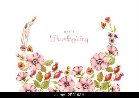 Watercolor banner Happy Thanksgiving. Floral wreath arch with rose hip, briar flowers, leaves. Hand painted isolated illustration on white background Stock Photo