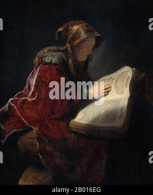 Netherlands: 'An Old Woman Reading, Probably the Prophetess Hannah'. Oil on oak wood painting by Rembrandt (15 July 1606 - 4 October 1669), 1631.  According to Christian legend, Mary and Joseph took their new son, Jesus, to the Temple in Jerusalem where two people immediately recognized him as the Messiah, the son of God. One was an old man called Simeon; the other was a pious old woman named Anna.   In the Middle Ages, Anna was often included in portrayals of the presentation at the Temple or the Circumcision. Here, Rembrandt van Rijn show St. Anna reading a Hebrew bible. Stock Photo