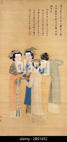 China: 'Court ladies of the Former Shu'. Hanging scroll painting by Tang Yin (6 April 1470 - January 1524), 16th century.  Tang Yin, courtesy name Tang Bohu, was a Chinese scholar, painter, calligrapher and poet of the Ming Dynasty whose life story has become a part of popular lore. Even though he was born during the Ming Dynasty, many of his paintings (especially paintings of people) were illustrated with elements from Pre-Tang to Song Dynasty.  Great Shu, called in retrospect Former Shu, was one of the Ten Kingdoms formed during the chaotic period between the Tang and Song dynasties. Stock Photo