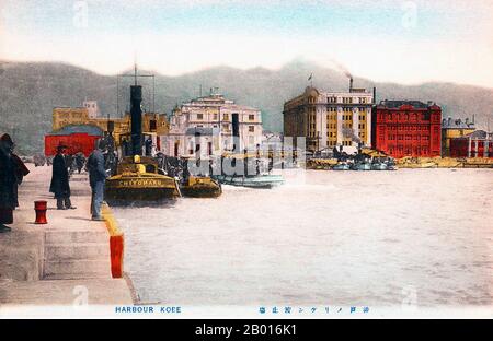 Japan: 'A View of Kobe Harbour'. Postcard, c. 1890.  Kobe is the sixth-largest city in Japan and is the capital city of Hyōgo Prefecture on the southern side of the main island of Honshū, approximately 500 km west of Tokyo. Kobe is a prominent port city with a population of about 1.5 million. The city is located in the Kansai region of Japan and is part of the Keihanshin metropolitan area along with Osaka and Kyoto. Keihanshin in turn is part of the Taiheiyō Belt, a megalopolis. Kobe was one of the cities to open for trade with the West following the end of the policy of seclusion. Stock Photo