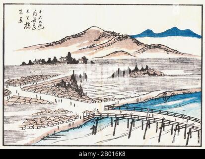 Japan: 'A Scenic Rural Bridge near Nagaoka'. Ukiyo-e woodblock print, 1877.  Nagaoka is located in the centre of Niigata prefecture and the surrounding Chūetsu region. It is 80 minutes from Tokyo by way of the Joetsu Shinkansen or 3 hours on the Kan-Etsu Expressway. Nagaoka was an inland city until January 1, 2006 when the city merged with four municipalities-two were touching the Sea of Japan. The current Nagaoka now touches the Sea of Japan on the north and after the merger, it is still considered a strategic traffic point in the region. Stock Photo