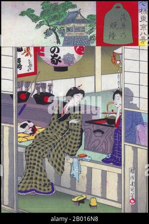 Japan: Two geishas relaxing after having entertained a client; the insets showing the curfew bell at Asakusa. Ukiyo-e woodblock print by Toyohara Chikanobu (1838-1912), 1888.  For most of the twentieth century, Asakusa was the major entertainment district in Tokyo. The Rokku or 'Sixth District' was famous as a theatre district, featuring famous cinemas such as the Denkikan. The area was heavily damaged by US bombing raids during World War II, particularly the March 1945 firebombing of Tokyo. The area was rebuilt after the war, but has now been surpassed by Shinjuku and other colorful areas. Stock Photo