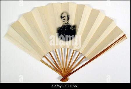 Japan: Folding fan with portrait image of Commodore Matthew Calbraith Perry (10 April 1794 - 4 March 1858), c. 1860.  Matthew Calbraith Perry was a Commodore of the U.S. Navy who compelled the opening of Japan to the West with the Convention of Kanagawa in 1854, when he threatened to bombard Edo (Tokyo) with his ships should they resist. Perry had commanded ships in several wars, including the War of 1812 and the Mexican-American War (1846-1848). His advocacy for the modernisation of the U.S. Navy led to him being called 'The Father of the Steam Navy'. Stock Photo