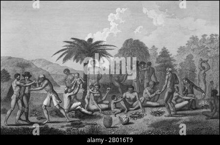 Australia: A peaceful encounter between Europeans and the indigenous inhabitants of Tasmania (Van Diemens Land). Engraving from 'Atlas du Voyage de La Pérouse' by Jacques-Julien Houton de Labillardiere (1755-1834), 1791.  Before British colonisation in 1803, there were an estimated 3,000–15,000 Parlevar or native Tasmanians. As a result of colonial wars, mistreatment and starvation, the last of the full blooded Parelvar died in 1876.  Jean-François de Galaup, Comte de La Pérouse (1741-1788) was a French explorer and naval officer. Stock Photo