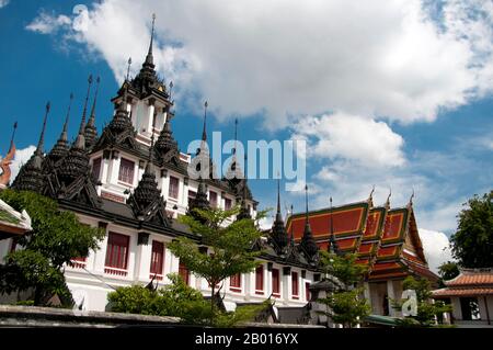 Thailand: Loha Prasad (Brazen Palace or Iron Monastery), Wat Ratchanatda, Bangkok.  Wat Ratchanaddaram was built on the orders of King Nangklao (Rama III) for Mom Chao Ying Sommanus Wattanavadi in 1846. The temple is best known for the Loha Prasada (Loha Prasat), a multi-tiered structure 36 m high and having 37 metal spires. It is only the third Loha Prasada (Brazen Palace or Iron Monastery) to be built and is modelled after the earlier ones in India and Anuradhapura, Sri Lanka. Stock Photo