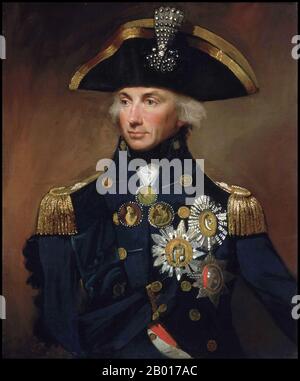 England: 'Rear-Admiral Sir Horatio Nelson, 1758-1805'. Oil on canvas painting by Lemuel Francis Abbott (1760-1802), 1799.  Horatio Nelson, 1st Viscount Nelson, 1st Duke of Bronté, KB (29 September 1758 – 21 October 1805) was an English flag officer famous for his service in the Royal Navy, particularly during the Napoleonic Wars. He was noted for his inspirational leadership and having a superb grasp of strategy and unconventional tactics, which resulted in a number of decisive naval victories. He was wounded several times in combat, losing one arm and the sight in one eye. Stock Photo