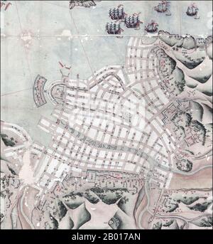 Japan: A 19th century Japanese map of Nagasaki harbour showing
