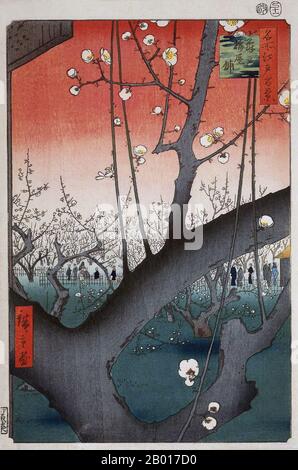 Japan: 'Plum Park in Kameido'. Ukiyo-e woodblock print by Utagawa Hiroshige(1797 - 12 October 1858), 1857.  The plum orchard in bloom with its white blossoms and red sky is considered Hiroshige's greatest work and a masterpiece of the ‘ukiyo-e’ (floating world) artistic tradition that was popular during the Edo period from 1603 to 1868.  Utagawa, or Ando, Hiroshige was born in Edo (now Tokyo) and was originally a fire warden like his father. He was first inspired by the work of Katsushika Hokusai to become an ukiyo-e artist, and he was mentored by Utagawa Toyohiro, a renowned painter. Stock Photo