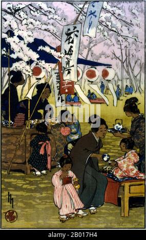 Japan: 'Blossom Time in Tokyo'. Woodblock print by Helen Hyde (6 April 1868 - 13 May 1919), 1914.  Helen Hyde was an American etcher and engraver. She is best known for her colour etching process and woodblock prints reflecting Japanese women and children characterisations. Born in Lima, New York, she began studying art at a young age, and developed her skills with other artists in Berlin and Paris, where she was introduced to the Japonism movement. Japanese attributes would become very influential in her work, and Hyde moved briefly to Japan in 1899. She eventually returned to the US in 1914. Stock Photo